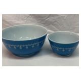 Two Pyrex Snowflake Blue Garland mixing bowls
