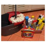 O-Cedar spinning mop bucket and assorted cleaners