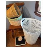 Chair, assorted baskets, and a weight scale