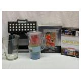 Folding stool, glass pitcher, new pitcher, etc.