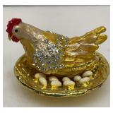 Jeweled enamel hen with eggs trinket box
