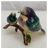 Enameled bird with chick dual trinket box
