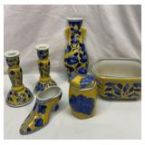 Blue yellow ceramic candlesticks, wall pocket, etc