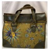 Vtg leather and burlap Mary Poppins bag