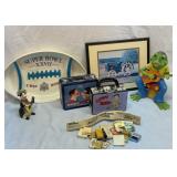Lunch boxes, match books, John Deere picture, etc