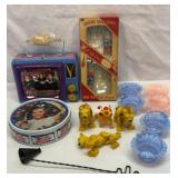 Osborne lunchbox, candle snuffer, toys, etc.