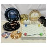 Stoneware plates, unusual glass stand, etc.