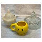 Onyx covered dish, :-) mug and glass candy dish