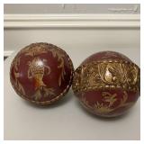 Two Ruby Red & Gold Ornate Resin Orbs