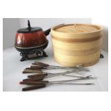 Electric Oster Fondue with Forks, Vintage Bamboo S
