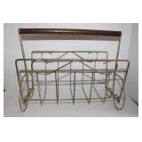 Vintage MCM  Brass wire Magazine rack wood handle
