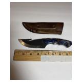 Gut Hook Hunting Knife with Blue Swirl Handle & L.