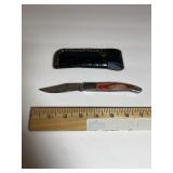Slim Damascus-Pattern Folding Knife  Red Wood Hah