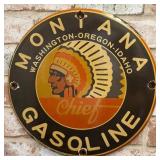 Montana Chief Gasoline Porcelain Enamel Sign (12in