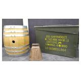 AMMO CAN,COWBELL, MINI WOODEN BARREL