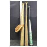 3 BASEBALL BATS & GLOVE