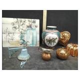 GLASS CUT BOARD, BRASS GARDEN BELL, COPPER DECOR