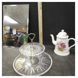 BEVELED MIRROR, TEA POT & 2 TIER CUPCAKE PLATTER