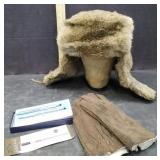 RABBIT FUR BOMBER HAT, SUEDE GLOVES, CROSS PEN SET