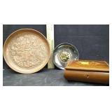VTG COPPER EMBOSSED PLATE, WOOD MUSIC BOX & MORE