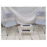 2 METAL FOLDING CHAIRS AND STEP STOOL