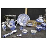 MISC BLUE/WHITE DECOR & MUGS, CLOCK, TEA POT