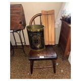 Wooden chair, shelf, trash can
