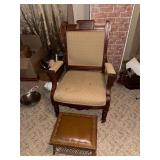 Wooden chair on wheels and leather/wood ottoman