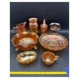 8 pieces of amber-colored carnival glass