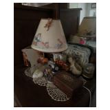 Wooden jewelry box, lamp, doll and more