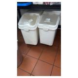 Four large Rubbermaid ingredient bins on wheels