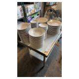 Lot of white dinner plates, saucers, bread and