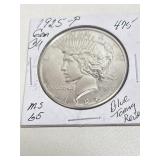 1925-P Peace Gem BU MS65 Toning Blue Reverse