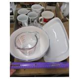 BOX LOT DISHES, PYREX MEASURE CUP, MUGS, CRYSTAL..