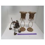 HOME / GARDEN DECOR LOT - METAL DOG & CANDLE HOLDS