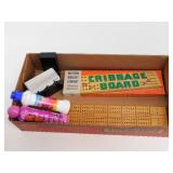 GAME LOT - CRIBBAGE BOARD, PLAYING CARDS AND