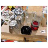 KITCHEN LOT - CREAMER PITCHER, MUGS, TABLE CANDLE