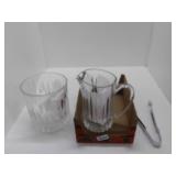 BAR SET - ICE TONGS, LOWBALL GLASS & SMALL PITCHER