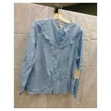 NEW WOMENS LARGE BUTTON UP *RUFFLE FLARE JEAN TOP