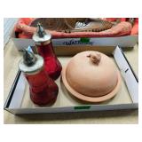 Ruby Red Glass Salt & Pepper and Garlic Keeper