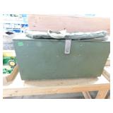 Wood Rolling Chest, Wood Bench, and Duffle Bag