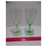 2 Vintage Etched Glass Uranium Green Glass Goblets