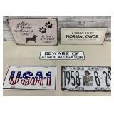 Tin Signs/ License Plate Lot.  (5)