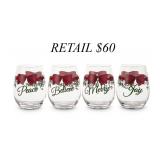 Winterberry Red Ribbon Stemless Wine Glasses