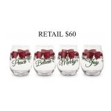 Winterberry Red Ribbon Stemless Wine Glasse