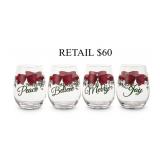 Winterberry Red Ribbon Stemless Wine Glasses