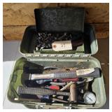 Green tool box w/hammers, misc tools,fittings