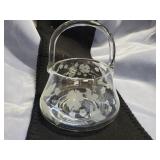 Glass basket engraved with flowers. 7ï¿½x7.