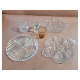 Assorted glass serving dishes, shot glasses and
