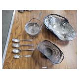 Silver plated serving dishes and souvenir spoons
